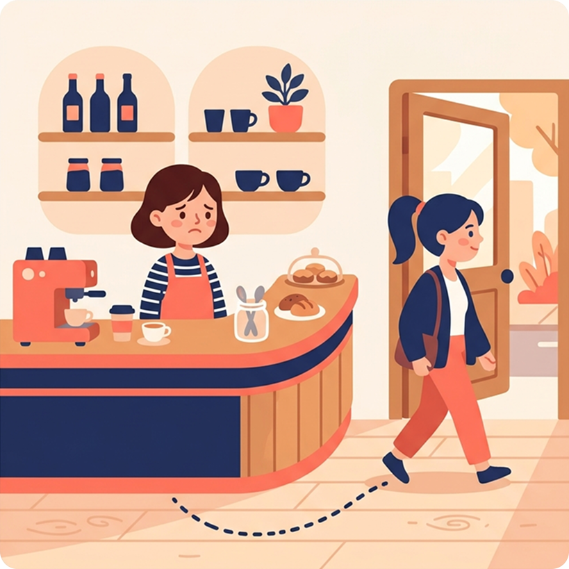 Cliente que sale de un café tras una sola visita